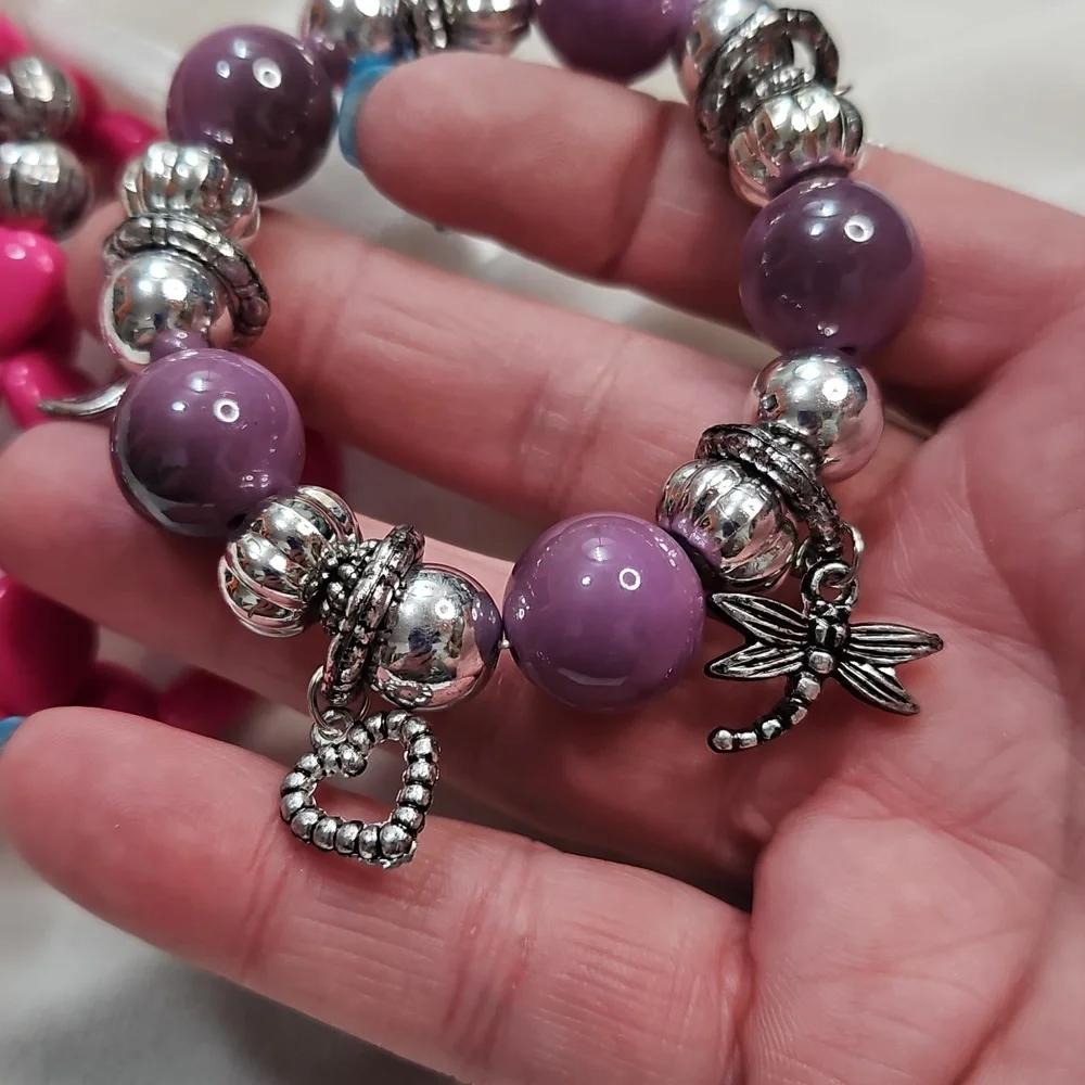 Women's Teens Set of 4 Bracelets 1 Pair Heart Earrings Pink Purple Silver New!